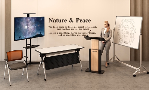 Training Table and Chair Lecture Desk Office Whiteboard Mobile Display 3d model