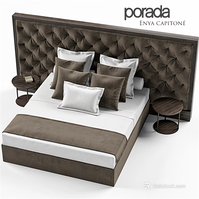 Elegant Double Bed With Tufted Brown Headboard Plush Pillows White Linens And Round Nightstands 3d model 