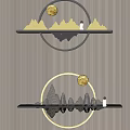 Modern Wall Decor With Mountain Shaped Shelves And Illuminated Circular Frames 3d model