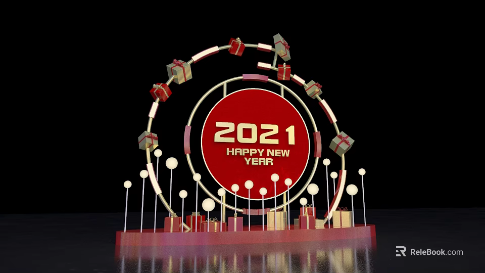 2021 Happy New Year Circular Decoration With Gift Boxes And Light Balls 3d model 