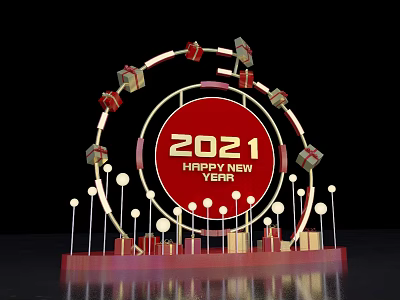 2021 Happy New Year Circular Decoration With Gift Boxes And Light Balls 3d model
