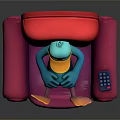 Animated Game Character Blue Duck Sitting On Pink Armchair With Yellow Beak