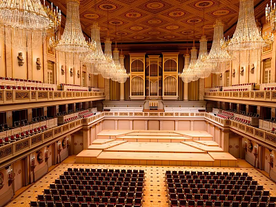 Grand Concert Hall With Crystal Chandeliers And Ornate Seating 3d model