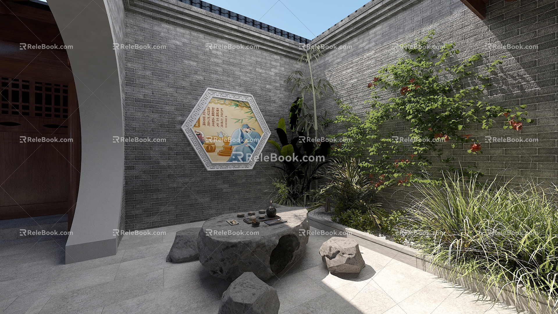 Courtyard Tea Break Tea Table Small Courtyard Chinese Courtyard 3d model