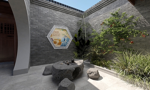 Courtyard Tea Break Tea Table Small Courtyard Chinese Courtyard 3d model