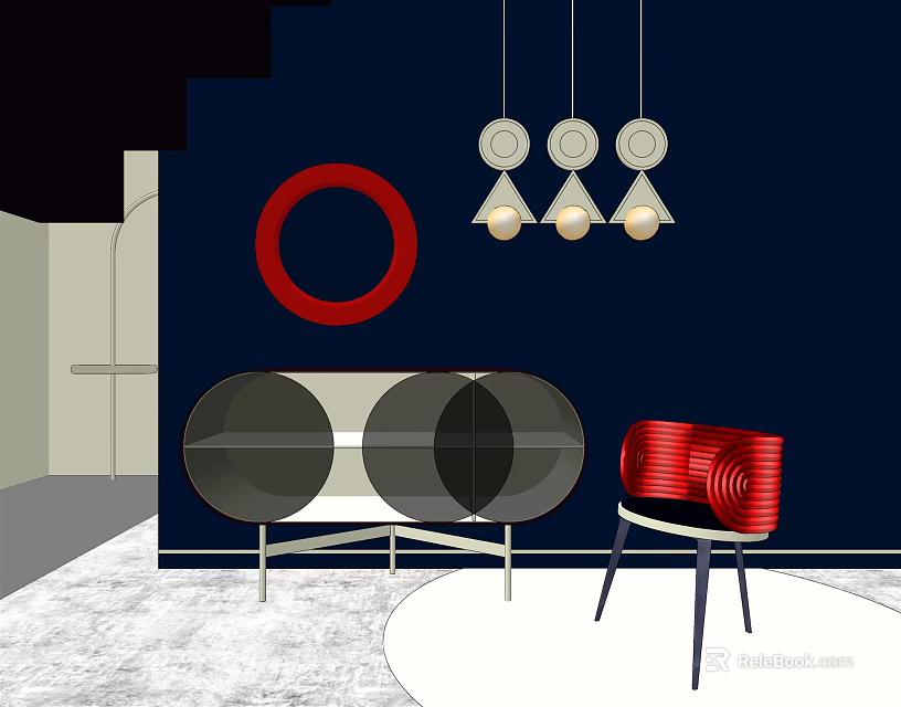Modern Stylish Entryway Console Table With Dark Blue Wall Red Circular Decor And Pendant Lights 3d model