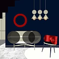 Modern Stylish Entryway Console Table With Dark Blue Wall Red Circular Decor And Pendant Lights 3d model