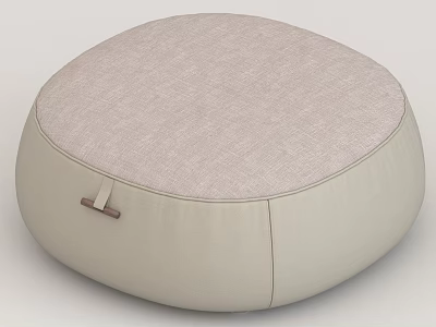 Light Beige Round Ottoman with Soft Fabric Top and Small Leather Strap Detail 3d model