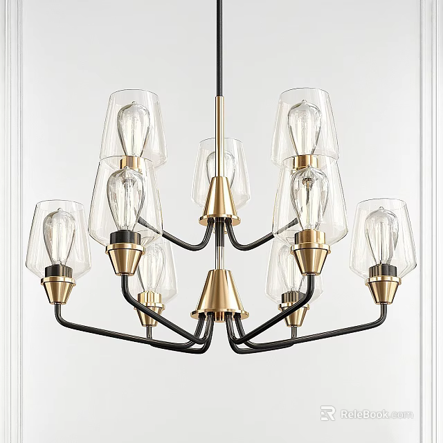 Elegant Modern Chandelier With Transparent Glass Shades Multiple Bulbs And Gold Black Frame 3d model 