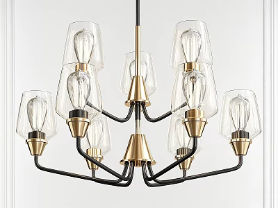 Elegant Modern Chandelier With Transparent Glass Shades Multiple Bulbs And Gold Black Frame 3d model