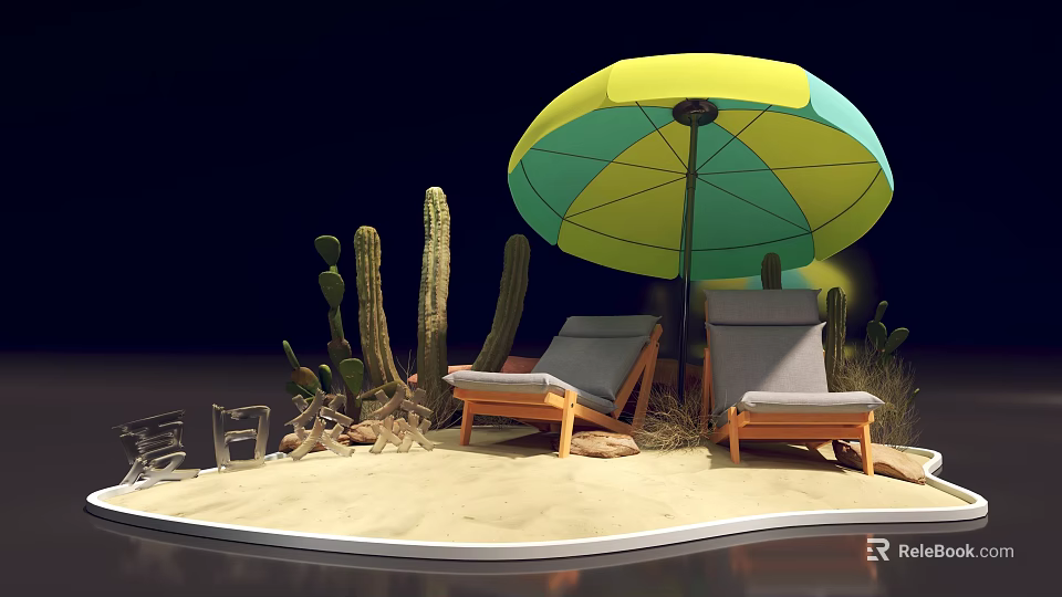 Relaxing Beach Interactive Area With Yellow Green Umbrella Wooden Loungers And Cacti 3d model 