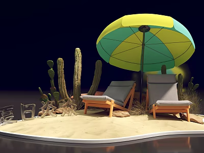 Relaxing Beach Interactive Area With Yellow Green Umbrella Wooden Loungers And Cacti 3d model