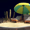 Relaxing Beach Interactive Area With Yellow Green Umbrella Wooden Loungers And Cacti