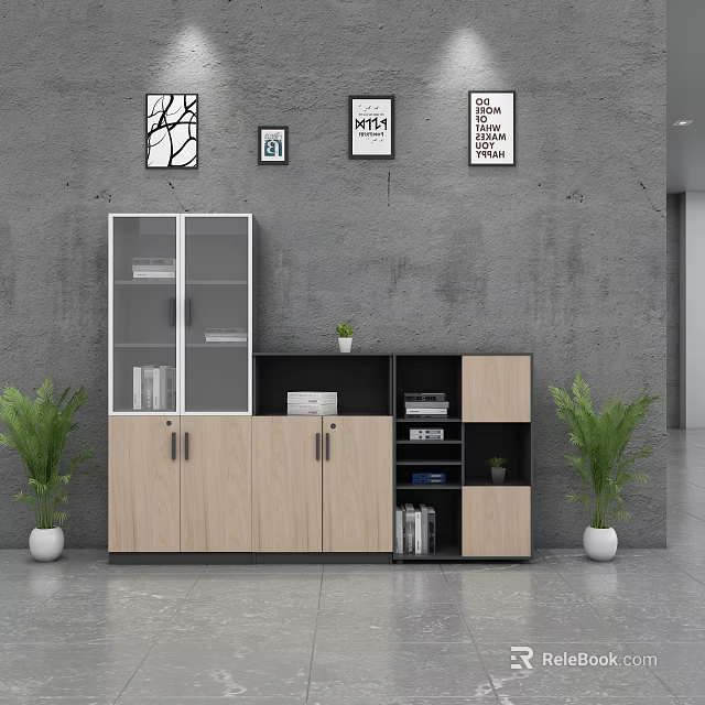 Modern Wooden File Cabinet With Glass Doors Gray Wall And Potted Plants 3d model 