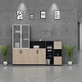 Modern Wooden File Cabinet With Glass Doors Gray Wall And Potted Plants