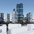 Modern High Rise Office Buildings With Glass Facade And Urban Green Courtyard