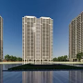 Modern High Rise Residential Buildings With Central Pool And Green Landscape Under Blue Sky