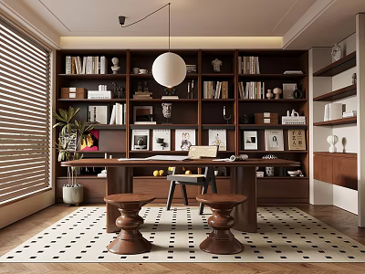 Elegant Modern Home Office Interior With Wooden Bookshelves Desk Pendant Light And Decorative Paintings 3d model