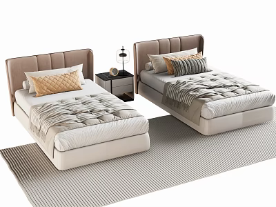 Modern Single Beds With Upholstered Headboard Plush Bedding Decorative Pillows Nightstand Lamp On Striped Rug 3d model