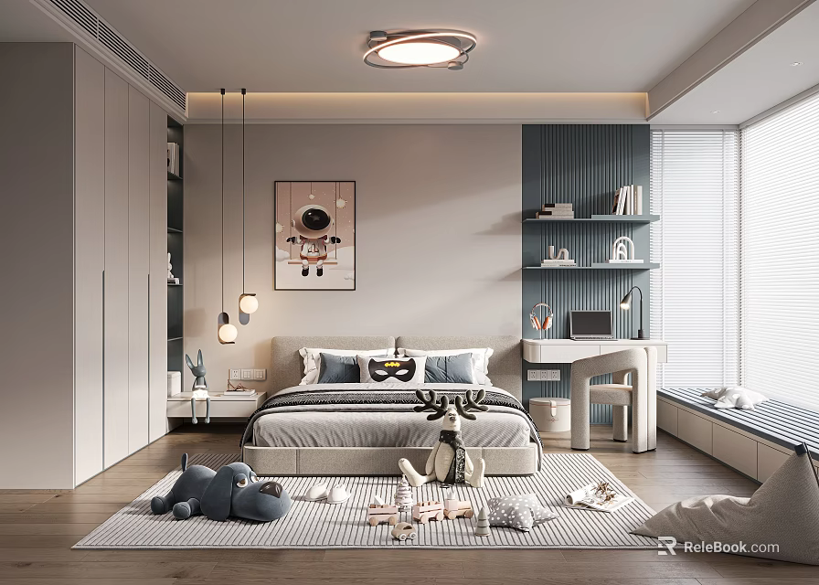 Modern Kids Room Interior Design With Bed Bookshelves Toys Rug And Astronaut Artwork 3d model 