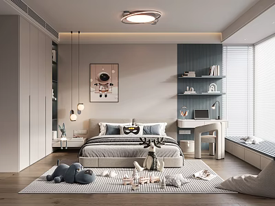Modern Kids Room Interior Design With Bed Bookshelves Toys Rug And Astronaut Artwork 3d model