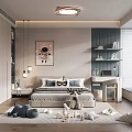 Modern Kids Room Interior Design With Bed Bookshelves Toys Rug And Astronaut Artwork