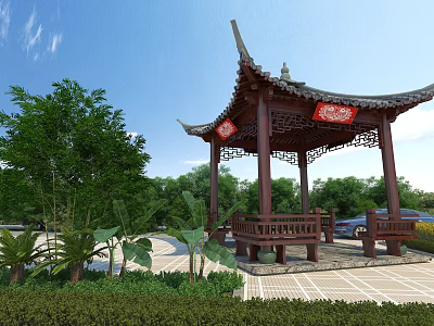 Traditional Chinese Pavilion with Red Lanterns Green Plants Stone Ground and Trees Under Blue Sky 3d model