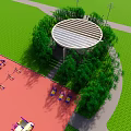People Walking Near Modern Building With Green Lawn Street Lamps And Trees