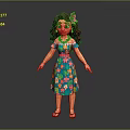 Cartoon Female Character With Long Brown Hair Pink Flower Hairpiece Turquoise Floral Dress Sandals