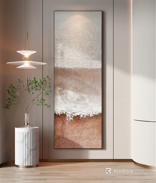 Modern Interior Featuring Vertical Textured Decorative Painting Pendant Light And Green Plant 3d model 