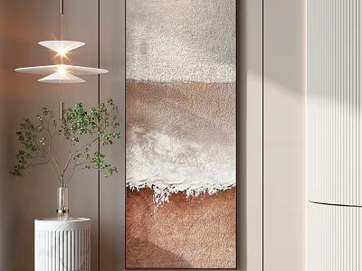Modern Interior Featuring Vertical Textured Decorative Painting Pendant Light And Green Plant 3d model