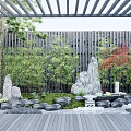 Serene Courtyard Garden Design With Wooden Pergola Bamboo Rocks And Red Maple Tree