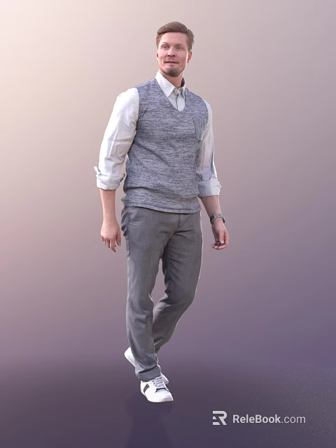 Man In Gray Sweater Vest White Shirt Rolled Up Cuffs Gray Pants And Watch 3d model 