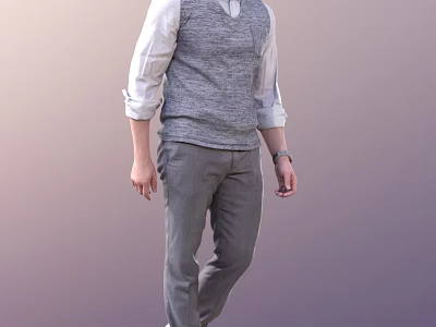 Man In Gray Sweater Vest White Shirt Rolled Up Cuffs Gray Pants And Watch 3d model