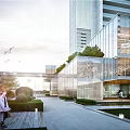 Modern High Rise Apartment Building With Glass Curtain Wall Greenery And Swimming Pool