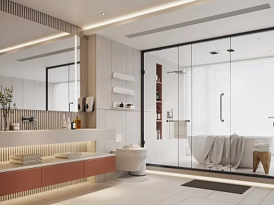 Modern Bathroom Interior Design With Large Mirror Double Vanity Glass Shower And Bathtub 3d model