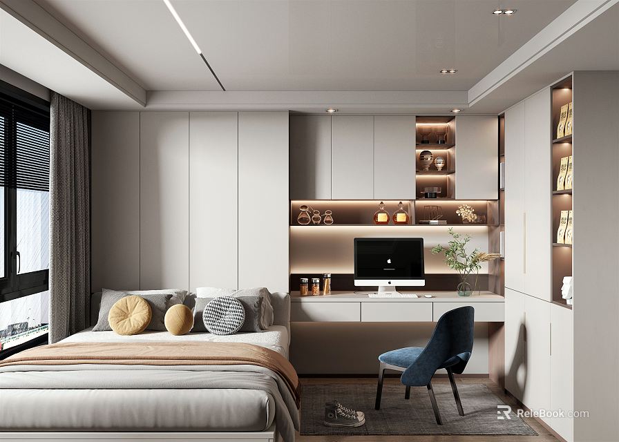 Modern Tatami Bedroom With Minimalist Design Desk Computer Pillows And Storage Cabinets 3d model 