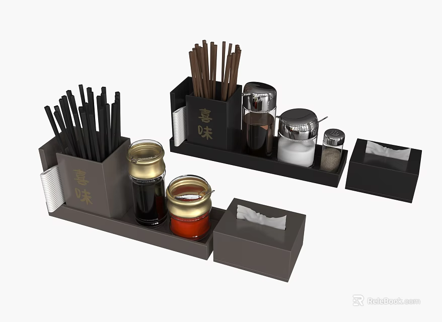 Xi Wei Black Modern Dining Utensil Set With Chopsticks Condiment Jars And Tissue Box 3d model 