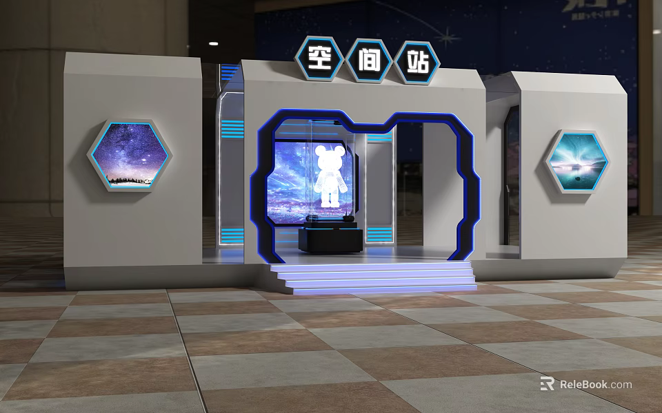 Modern Space Station Exhibition Area with Digital Screens Hexagonal Displays and Blue Lighting 3d model 