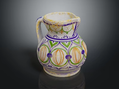 Colorful Earthenware Jug With White Base Green Purple Yellow Decorative Patterns On Black Background 3d model