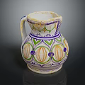 Colorful Earthenware Jug With White Base Green Purple Yellow Decorative Patterns On Black Background