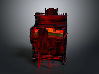 Dark Red Antique Wooden Desk With Intricate Carved Details Matching Chair And Green Writing Surface 3d model