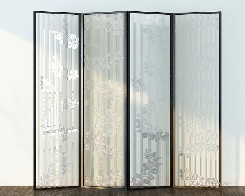 Modern Four Panel Room Divider With Transparent Glass And Floral Patterns 3d model