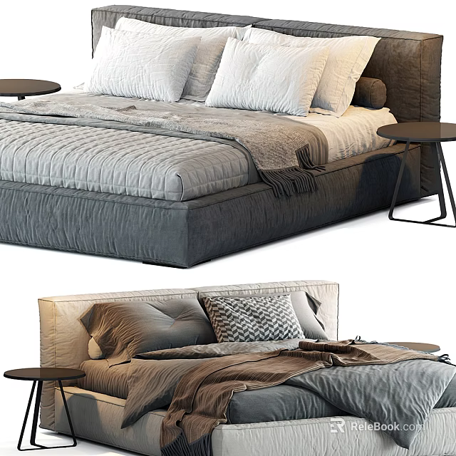 Cozy Double Beds With Gray Brown Bedding And Geometric Pattern Pillows Side Tables 3d model 