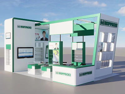 HopeWell Exhibition Booth Design With White Green Display Shelves Screen And Poster 3d model