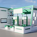 HopeWell Exhibition Booth Design With White Green Display Shelves Screen And Poster
