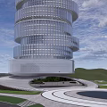 Modern Spiral Hotel Building With Glass Facade And Green Landscape Surroundings