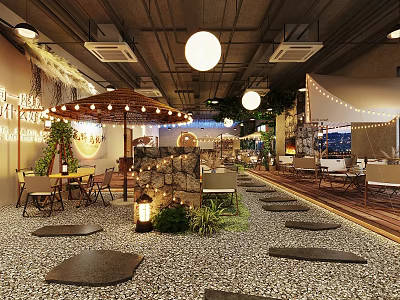 Cozy Restaurant Interior With Pebble Path Lanterns Hanging Lights and Green Plants 3d model