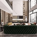 Spacious Living and Dining Room With Marble Wall Floor to Ceiling Windows and Modern Furniture