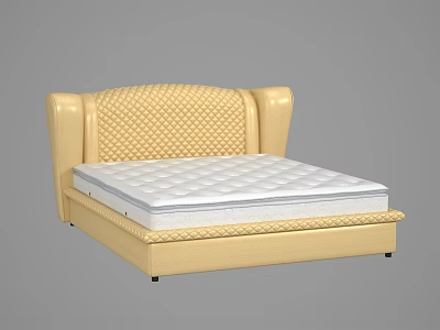 Double Bed with Yellow Woven Pattern Headboard and White Mattress 3d model